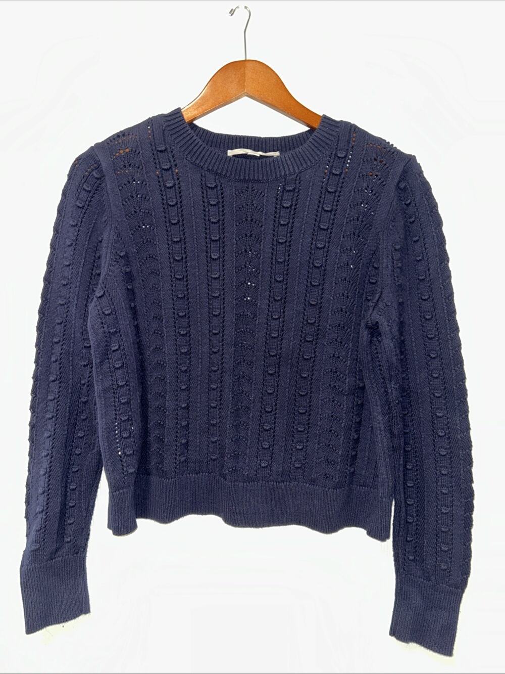 Loft Navy Cropped Popcorn Sweater Women’s Large Preppy Boxy Cotton